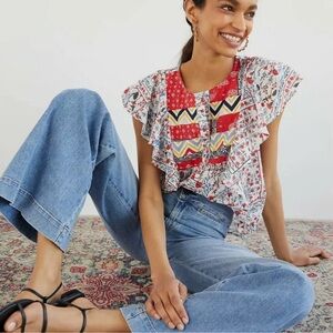 Anthropologie Let Me Be Bandana Boho Floral Button Down Top